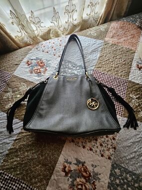 Michael Kors Black Leather/ Suede Shoulder Bag with Gold MK Charm